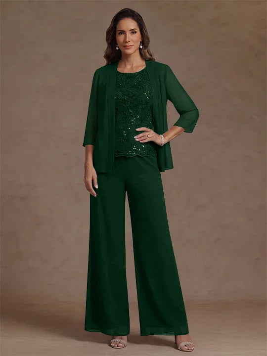 Ensemble pantalon 3 pièces mère de la mariée, mousseline col rond, veste, manches 3/4, dentelle sequins, longueur cheville