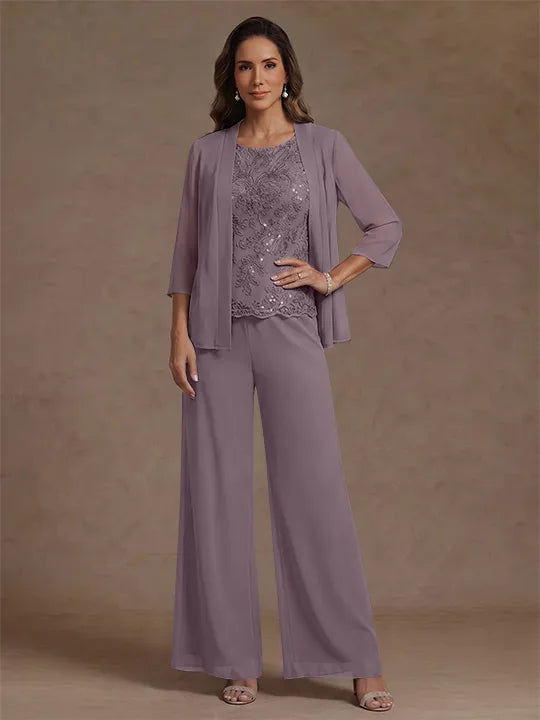 Ensemble pantalon 3 pièces mère de la mariée, mousseline col rond, veste, manches 3/4, dentelle sequins, longueur cheville