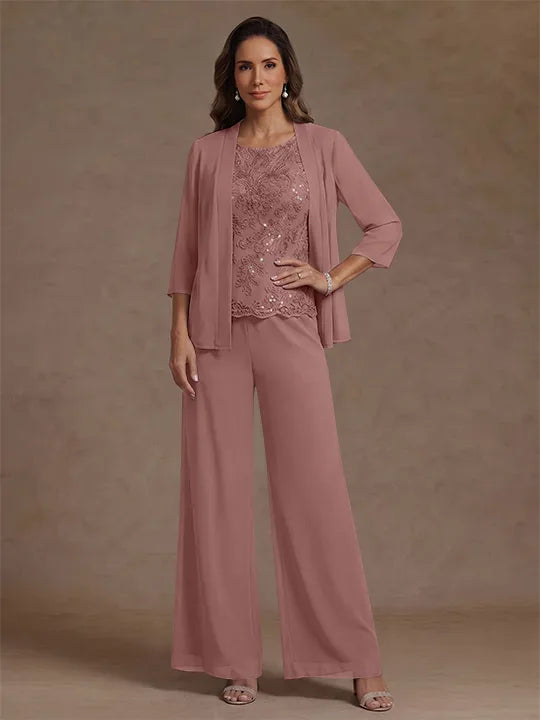 Ensemble pantalon 3 pièces mère de la mariée, mousseline col rond, veste, manches 3/4, dentelle sequins, longueur cheville