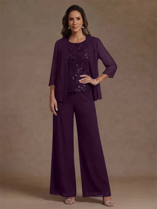 Ensemble pantalon 3 pièces mère de la mariée, mousseline col rond, veste, manches 3/4, dentelle sequins, longueur cheville