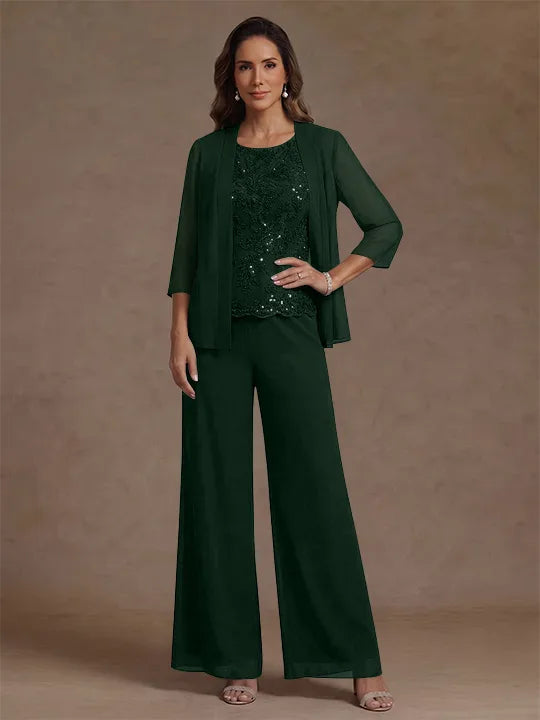 Ensemble pantalon 3 pièces mère de la mariée, mousseline col rond, veste, manches 3/4, dentelle sequins, longueur cheville