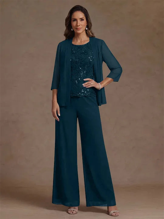 Ensemble pantalon 3 pièces mère de la mariée, mousseline col rond, veste, manches 3/4, dentelle sequins, longueur cheville