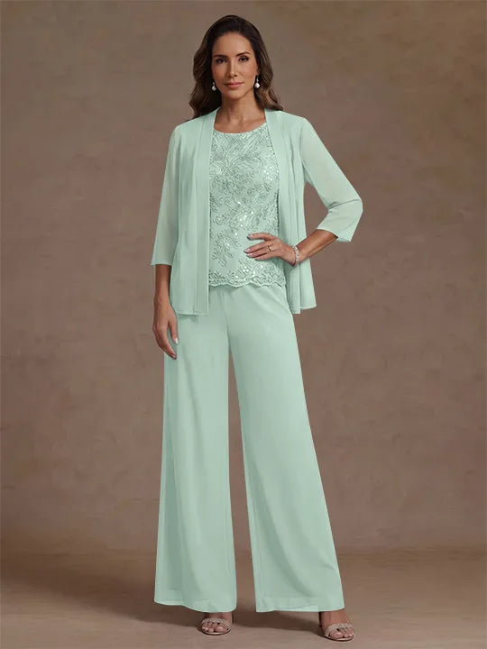 Ensemble pantalon 3 pièces mère de la mariée, mousseline col rond, veste, manches 3/4, dentelle sequins, longueur cheville