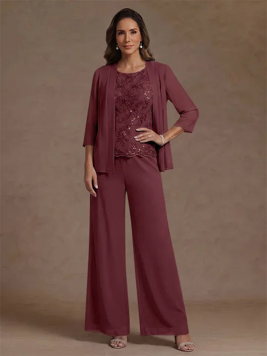 Ensemble pantalon 3 pièces mère de la mariée, mousseline col rond, veste, manches 3/4, dentelle sequins, longueur cheville