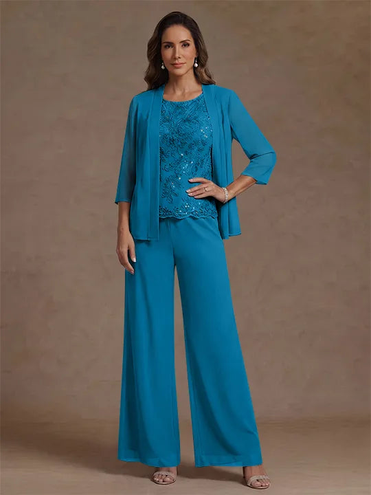 Ensemble pantalon 3 pièces mère de la mariée, mousseline col rond, veste, manches 3/4, dentelle sequins, longueur cheville