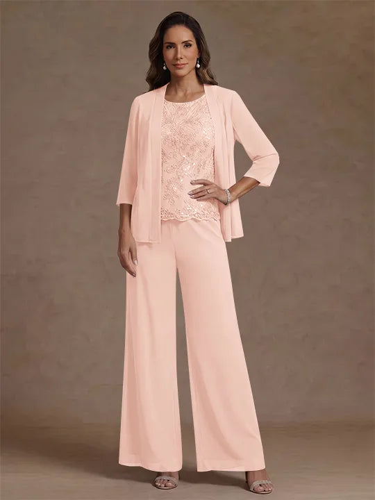 Ensemble pantalon 3 pièces mère de la mariée, mousseline col rond, veste, manches 3/4, dentelle sequins, longueur cheville