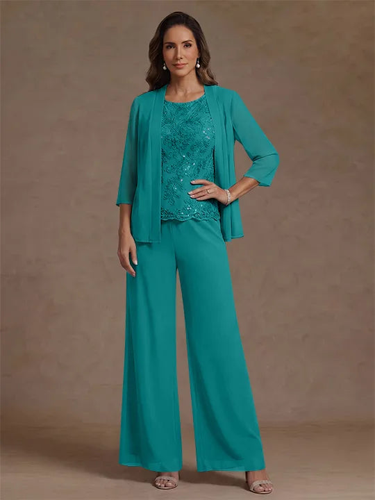 Ensemble pantalon 3 pièces mère de la mariée, mousseline col rond, veste, manches 3/4, dentelle sequins, longueur cheville