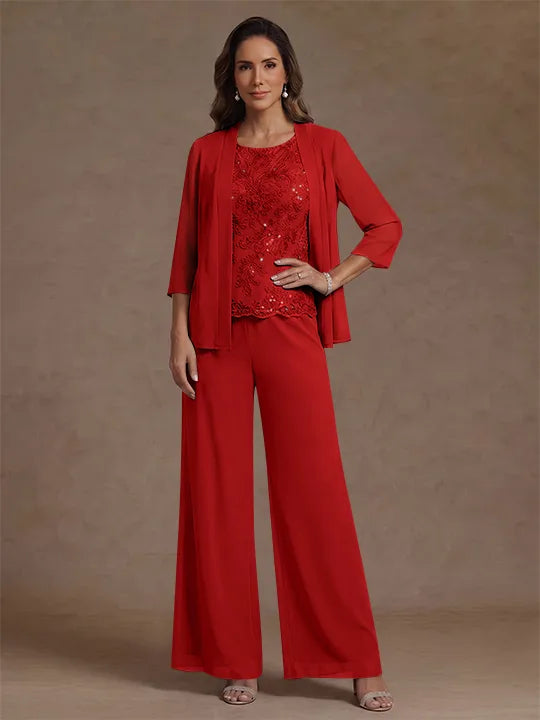 Ensemble pantalon 3 pièces mère de la mariée, mousseline col rond, veste, manches 3/4, dentelle sequins, longueur cheville