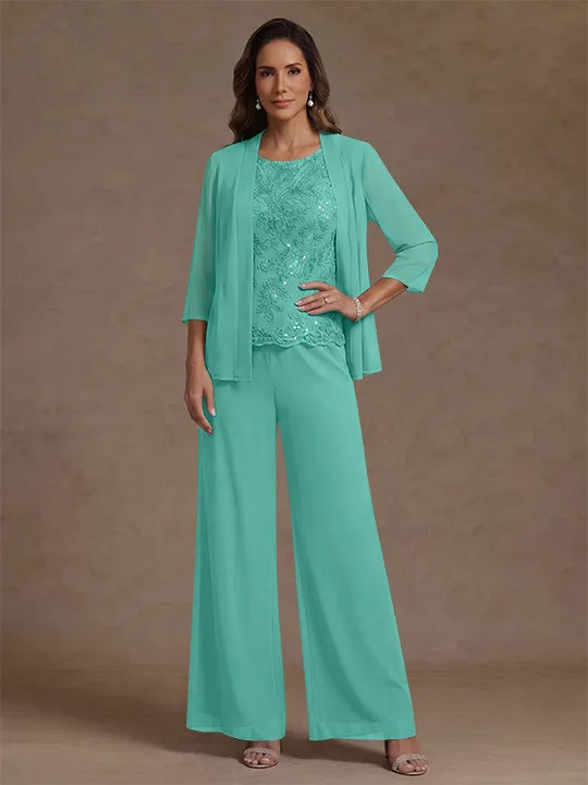 Ensemble pantalon 3 pièces mère de la mariée, mousseline col rond, veste, manches 3/4, dentelle sequins, longueur cheville
