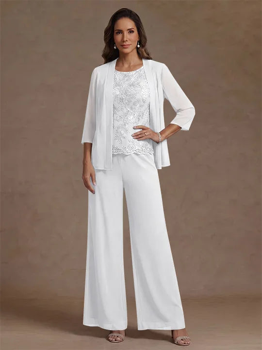 Ensemble pantalon 3 pièces mère de la mariée, mousseline col rond, veste, manches 3/4, dentelle sequins, longueur cheville