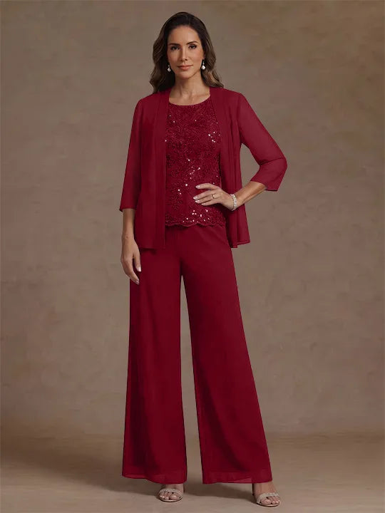 Ensemble pantalon 3 pièces mère de la mariée, mousseline col rond, veste, manches 3/4, dentelle sequins, longueur cheville