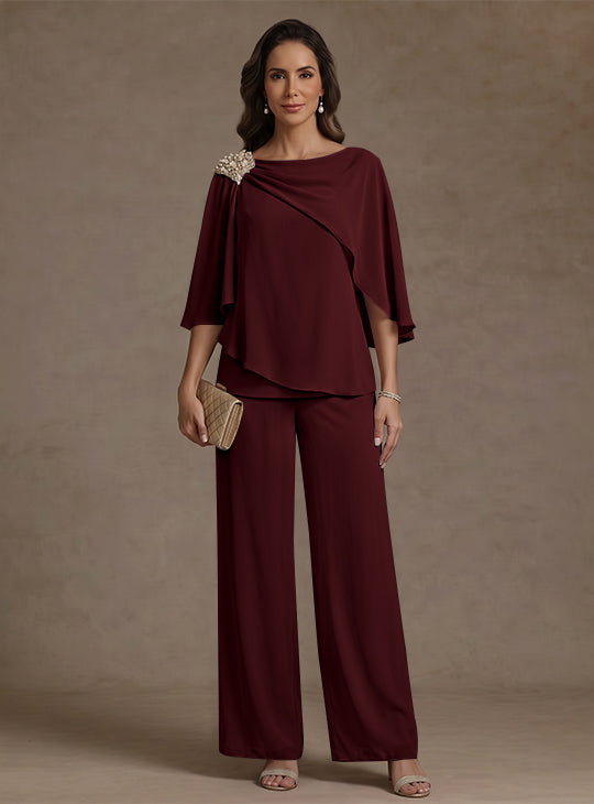 Ensemble pantalon 2 pièces pour mère de la mariée, col bateau en mousseline, manches cape, longueur cheville, strass