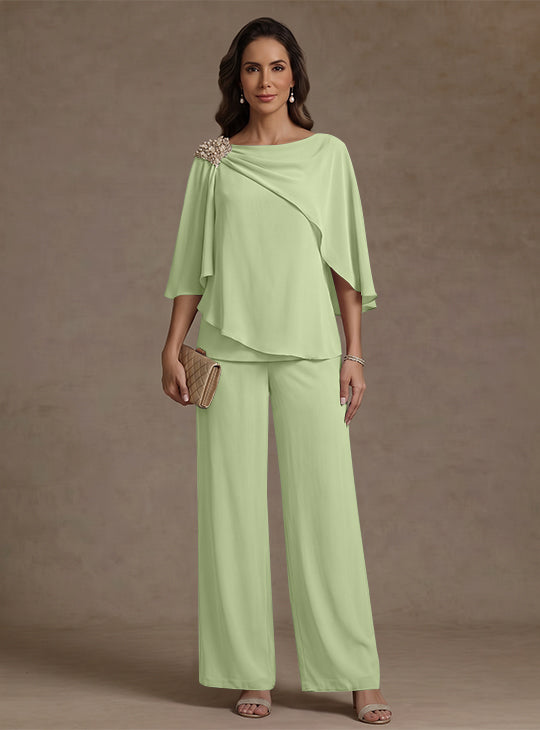 Ensemble pantalon 2 pièces pour mère de la mariée, col bateau en mousseline, manches cape, longueur cheville, strass