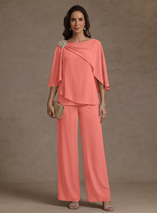 Ensemble pantalon 2 pièces pour mère de la mariée, col bateau en mousseline, manches cape, longueur cheville, strass