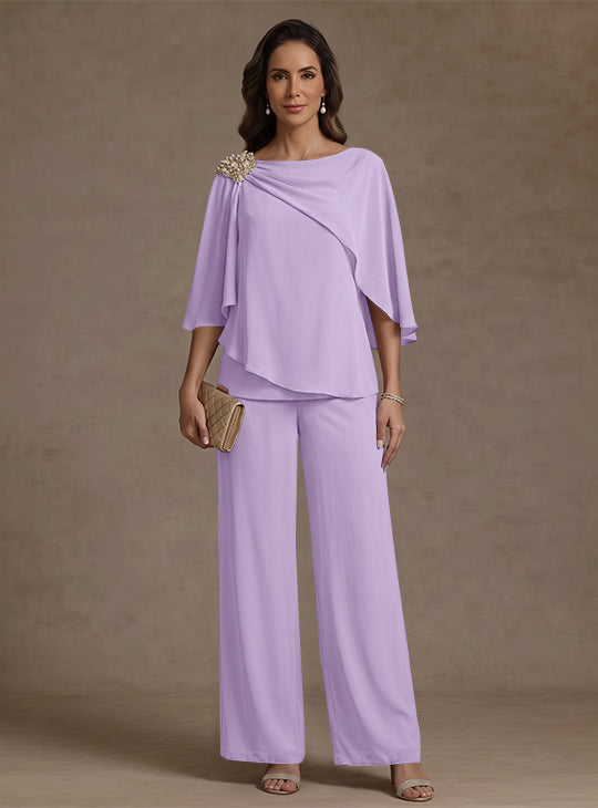 Ensemble pantalon 2 pièces pour mère de la mariée, col bateau en mousseline, manches cape, longueur cheville, strass