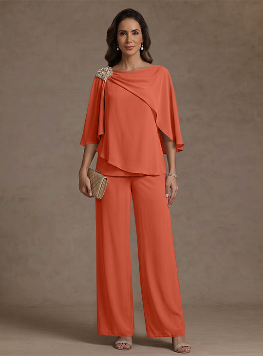 Ensemble pantalon 2 pièces pour mère de la mariée, col bateau en mousseline, manches cape, longueur cheville, strass