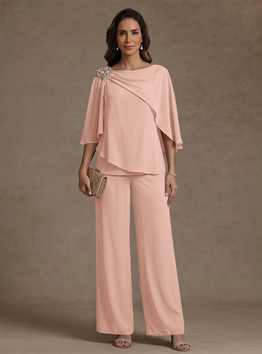 Ensemble pantalon 2 pièces pour mère de la mariée, col bateau en mousseline, manches cape, longueur cheville, strass