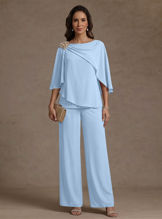 Ensemble pantalon 2 pièces pour mère de la mariée, col bateau en mousseline, manches cape, longueur cheville, strass