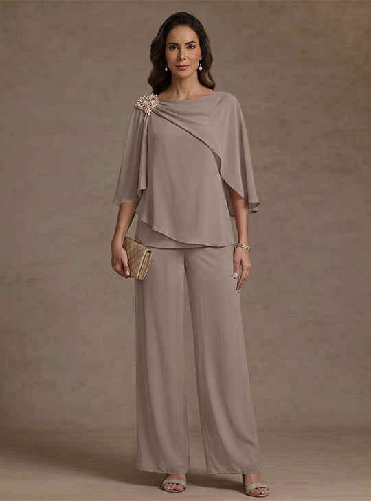 Ensemble pantalon 2 pièces pour mère de la mariée, col bateau en mousseline, manches cape, longueur cheville, strass