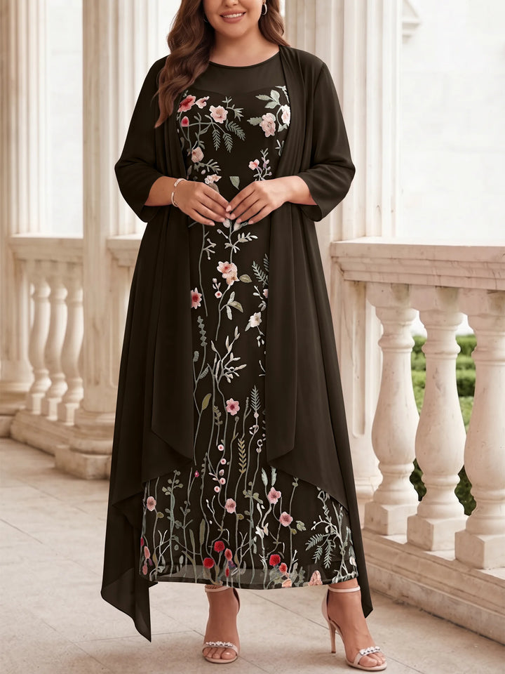 Robe mère de la mariée, Taille Plus, Ligne A/Princesse, 2 Pièces, Col Rond, Mousseline, Manches Longues, Longueur de la Cheville, Florale