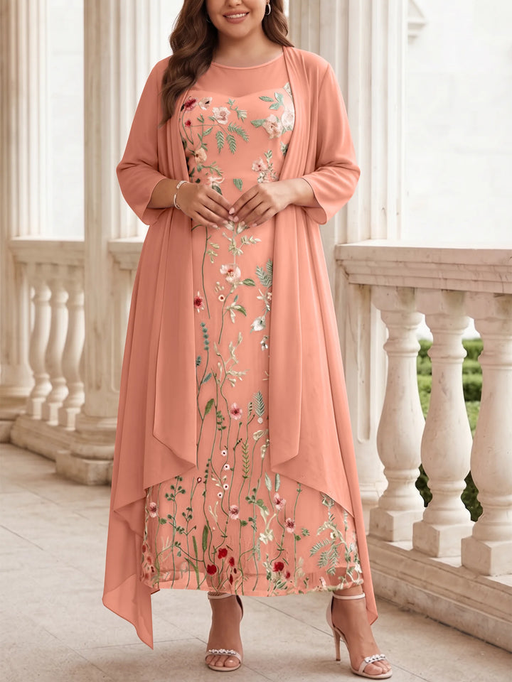 Robe mère de la mariée, Taille Plus, Ligne A/Princesse, 2 Pièces, Col Rond, Mousseline, Manches Longues, Longueur de la Cheville, Florale