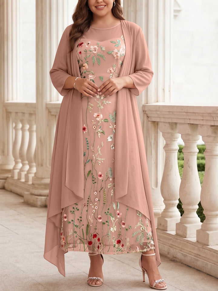 Robe mère de la mariée, Taille Plus, Ligne A/Princesse, 2 Pièces, Col Rond, Mousseline, Manches Longues, Longueur de la Cheville, Florale