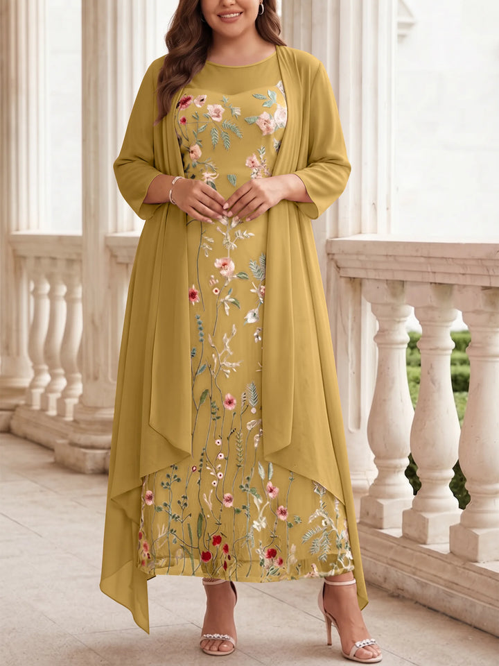 Robe mère de la mariée, Taille Plus, Ligne A/Princesse, 2 Pièces, Col Rond, Mousseline, Manches Longues, Longueur de la Cheville, Florale