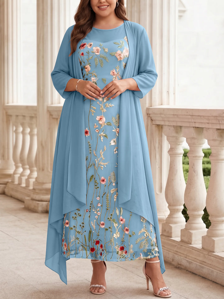 Robe mère de la mariée, Taille Plus, Ligne A/Princesse, 2 Pièces, Col Rond, Mousseline, Manches Longues, Longueur de la Cheville, Florale