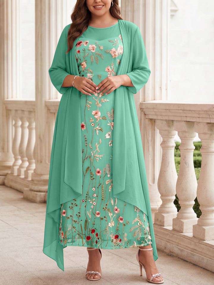 Robe mère de la mariée, Taille Plus, Ligne A/Princesse, 2 Pièces, Col Rond, Mousseline, Manches Longues, Longueur de la Cheville, Florale