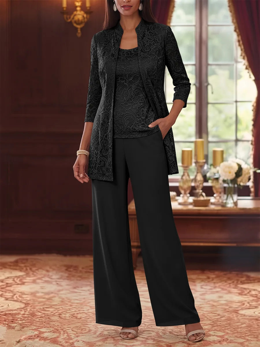 Tailleur 3 Pièces, Col Rond, Mousseline, Costume-Pantalon Mère de la Mariée avec Veste, Manches 3/4, Dentelle, Longueur à la Cheville