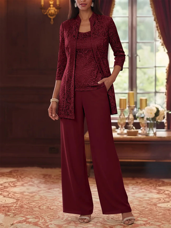 Tailleur 3 Pièces, Col Rond, Mousseline, Costume-Pantalon Mère de la Mariée avec Veste, Manches 3/4, Dentelle, Longueur à la Cheville