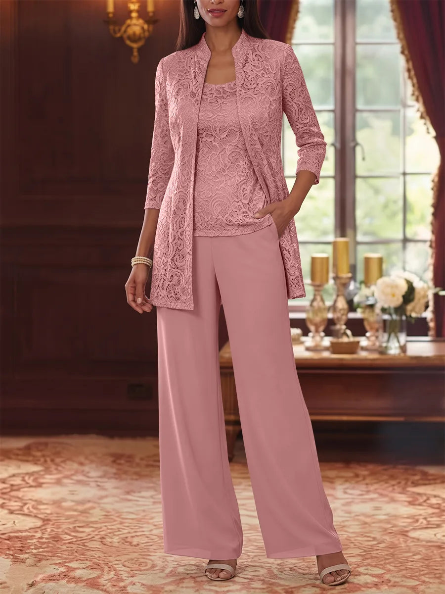 Tailleur 3 Pièces, Col Rond, Mousseline, Costume-Pantalon Mère de la Mariée avec Veste, Manches 3/4, Dentelle, Longueur à la Cheville
