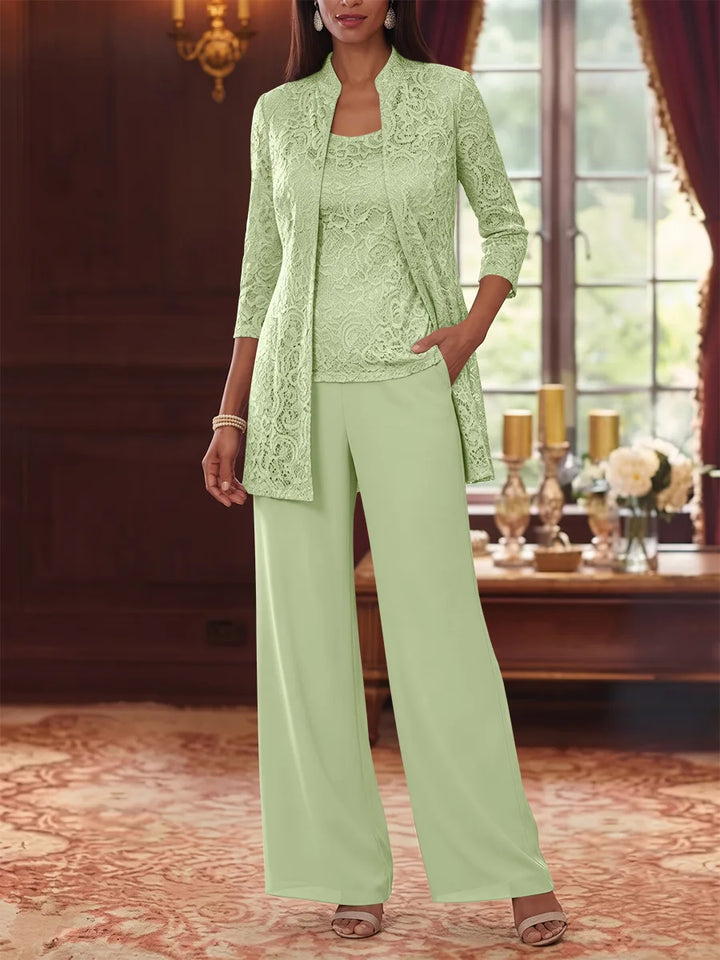 Tailleur 3 Pièces, Col Rond, Mousseline, Costume-Pantalon Mère de la Mariée avec Veste, Manches 3/4, Dentelle, Longueur à la Cheville