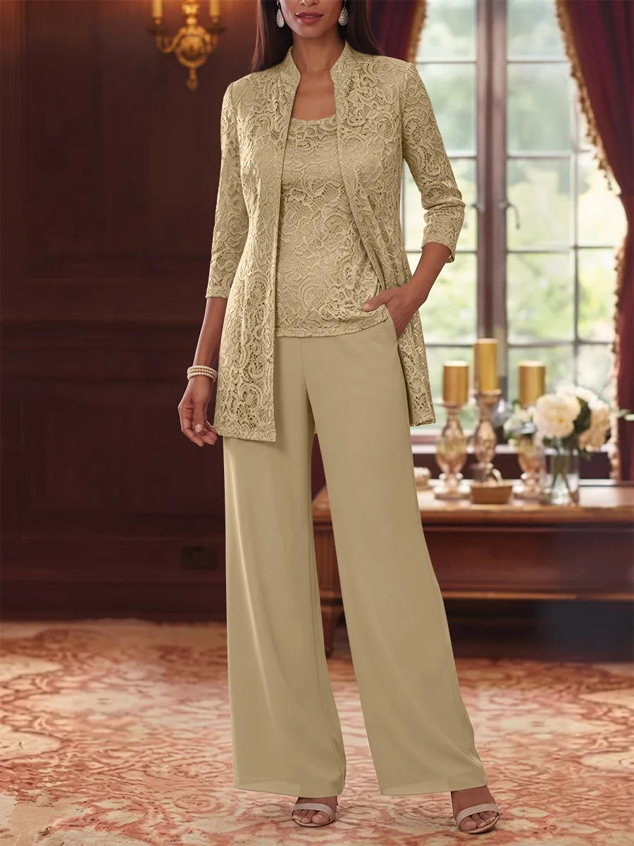 Tailleur 3 Pièces, Col Rond, Mousseline, Costume-Pantalon Mère de la Mariée avec Veste, Manches 3/4, Dentelle, Longueur à la Cheville