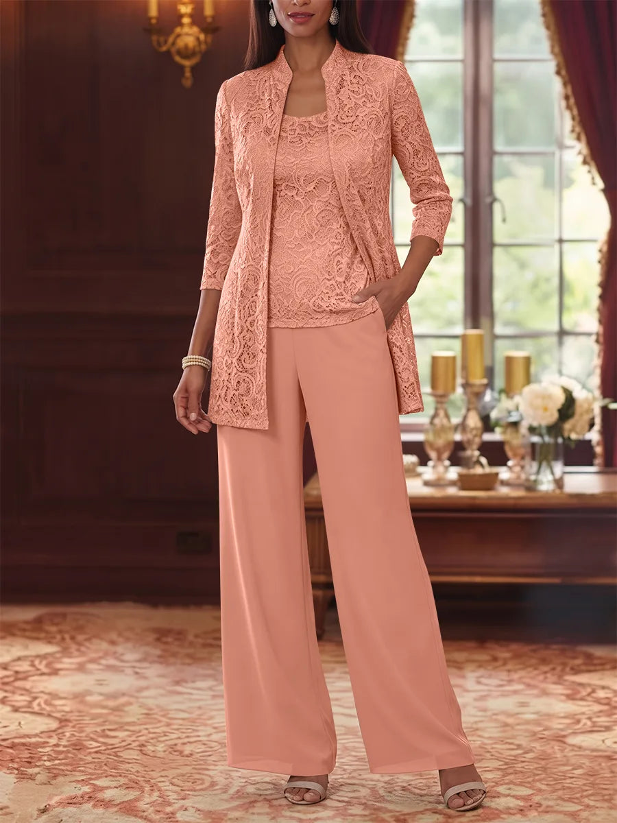 Tailleur 3 Pièces, Col Rond, Mousseline, Costume-Pantalon Mère de la Mariée avec Veste, Manches 3/4, Dentelle, Longueur à la Cheville