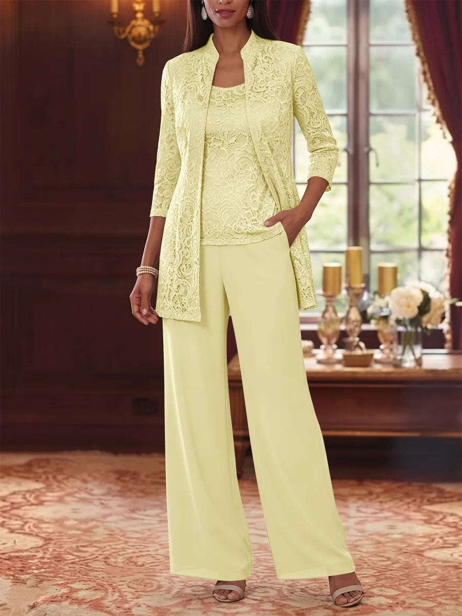 Tailleur 3 Pièces, Col Rond, Mousseline, Costume-Pantalon Mère de la Mariée avec Veste, Manches 3/4, Dentelle, Longueur à la Cheville