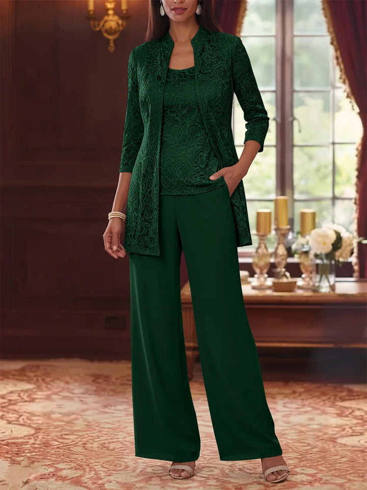 Tailleur 3 Pièces, Col Rond, Mousseline, Costume-Pantalon Mère de la Mariée avec Veste, Manches 3/4, Dentelle, Longueur à la Cheville