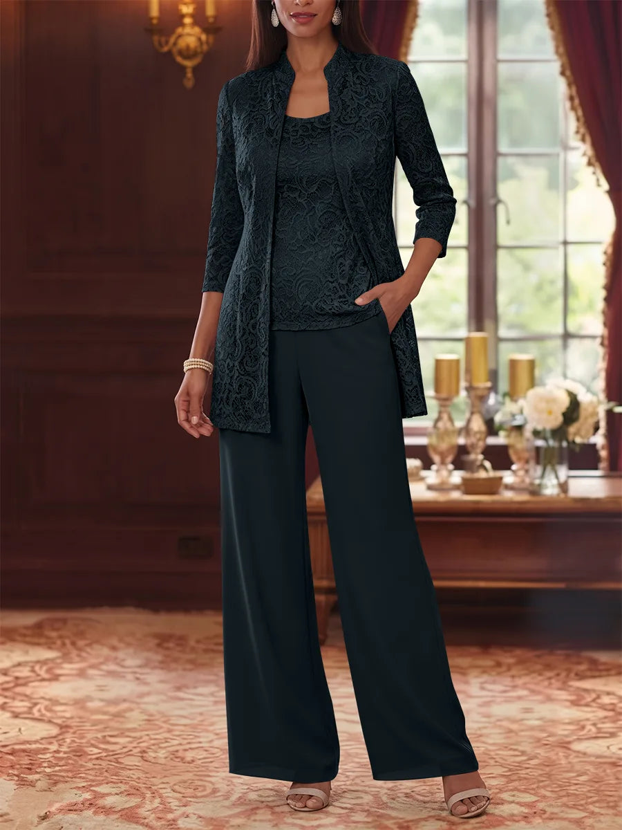 Tailleur 3 Pièces, Col Rond, Mousseline, Costume-Pantalon Mère de la Mariée avec Veste, Manches 3/4, Dentelle, Longueur à la Cheville