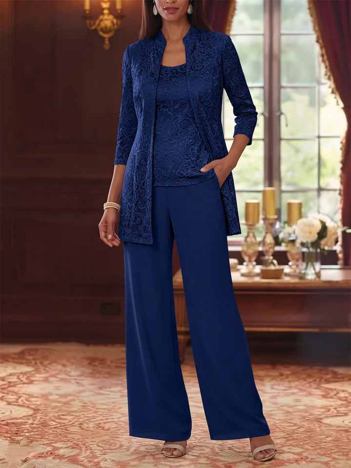 Tailleur 3 Pièces, Col Rond, Mousseline, Costume-Pantalon Mère de la Mariée avec Veste, Manches 3/4, Dentelle, Longueur à la Cheville