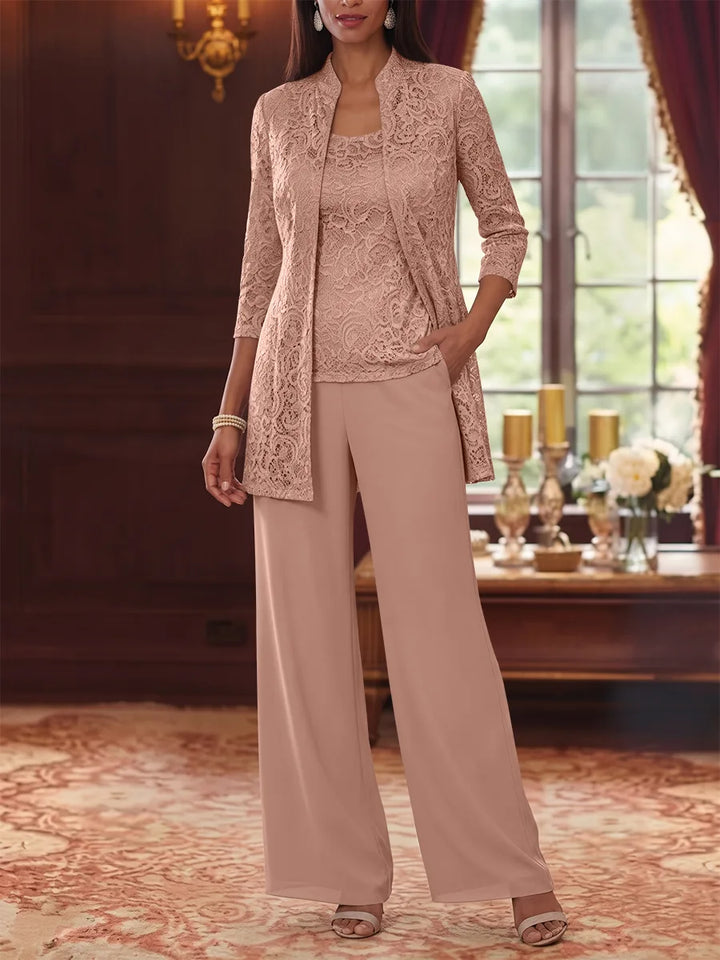 Tailleur 3 Pièces, Col Rond, Mousseline, Costume-Pantalon Mère de la Mariée avec Veste, Manches 3/4, Dentelle, Longueur à la Cheville