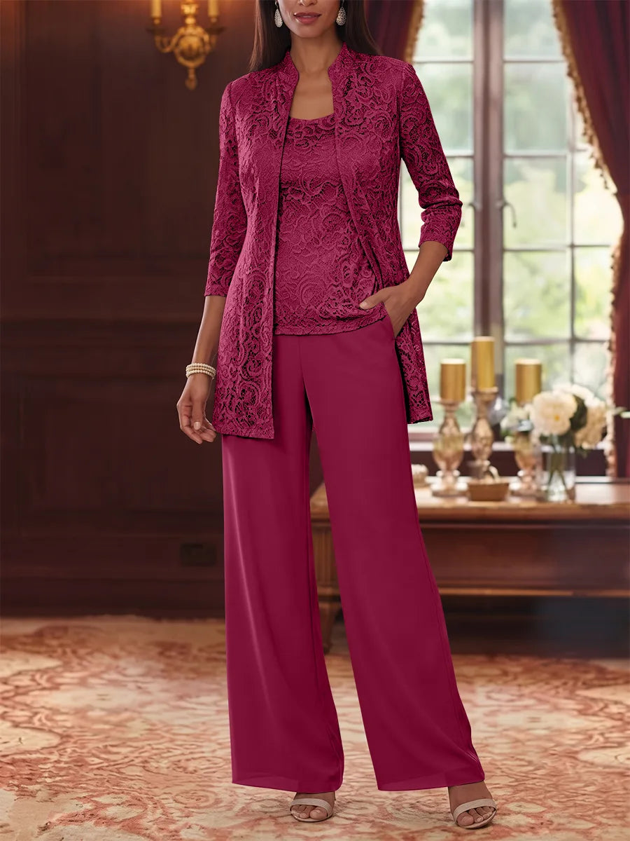Tailleur 3 Pièces, Col Rond, Mousseline, Costume-Pantalon Mère de la Mariée avec Veste, Manches 3/4, Dentelle, Longueur à la Cheville