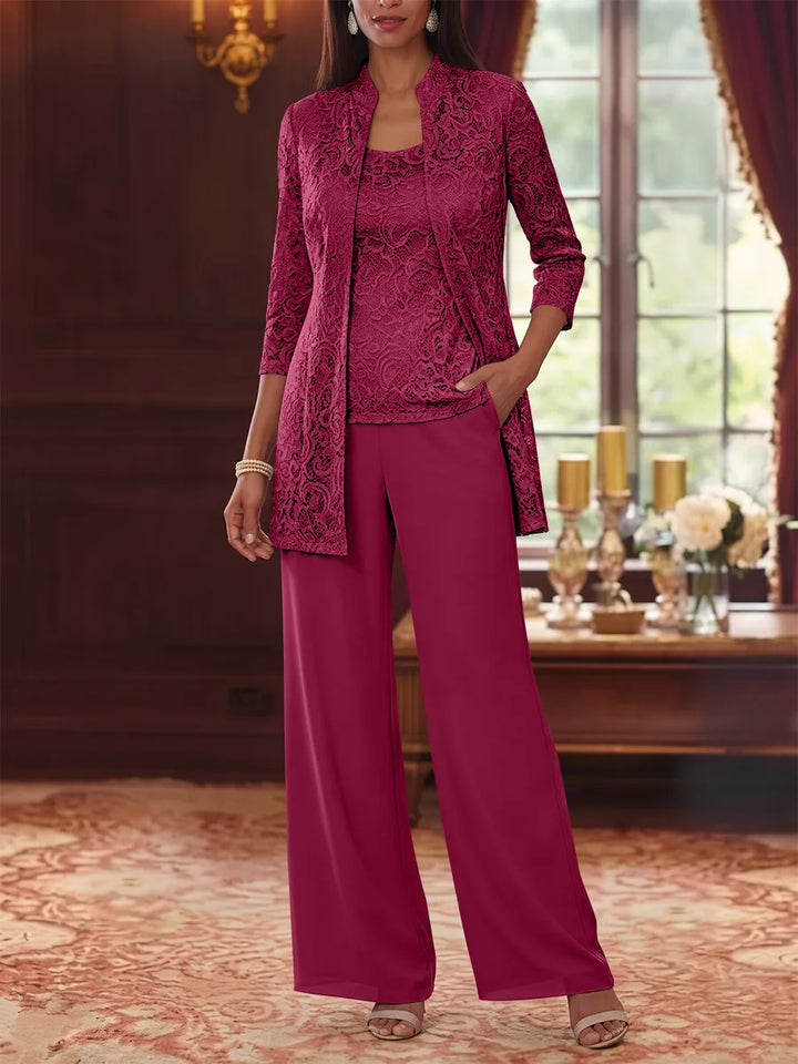 Tailleur 3 Pièces, Col Rond, Mousseline, Costume-Pantalon Mère de la Mariée avec Veste, Manches 3/4, Dentelle, Longueur à la Cheville