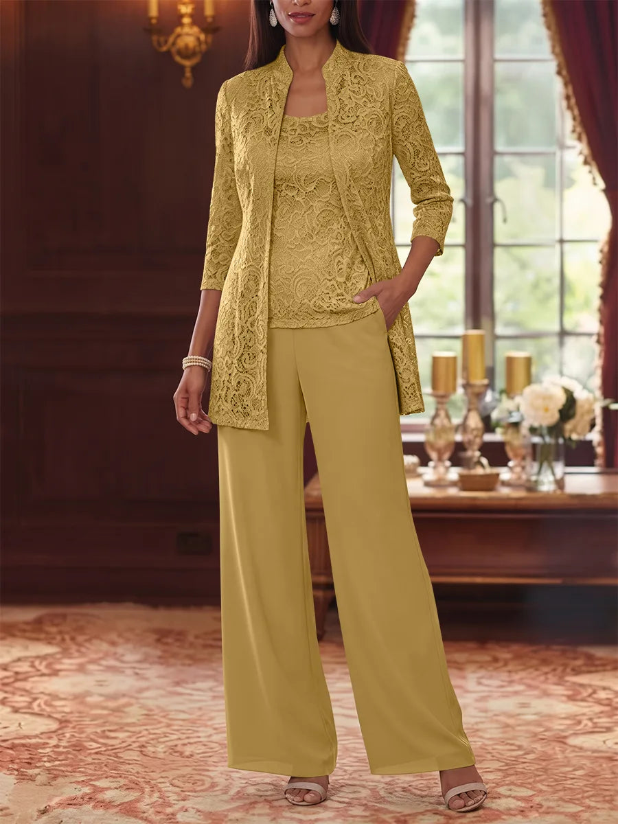 Tailleur 3 Pièces, Col Rond, Mousseline, Costume-Pantalon Mère de la Mariée avec Veste, Manches 3/4, Dentelle, Longueur à la Cheville