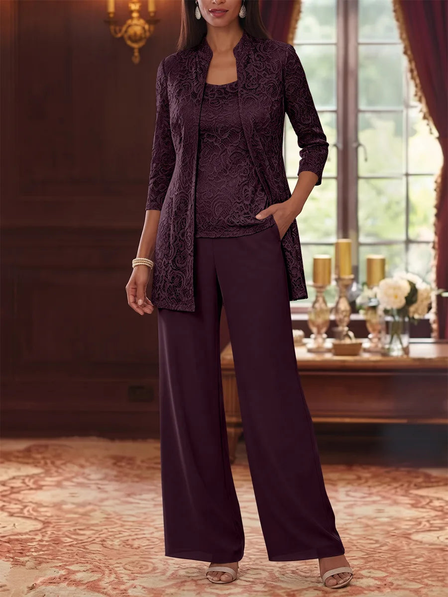 Tailleur 3 Pièces, Col Rond, Mousseline, Costume-Pantalon Mère de la Mariée avec Veste, Manches 3/4, Dentelle, Longueur à la Cheville