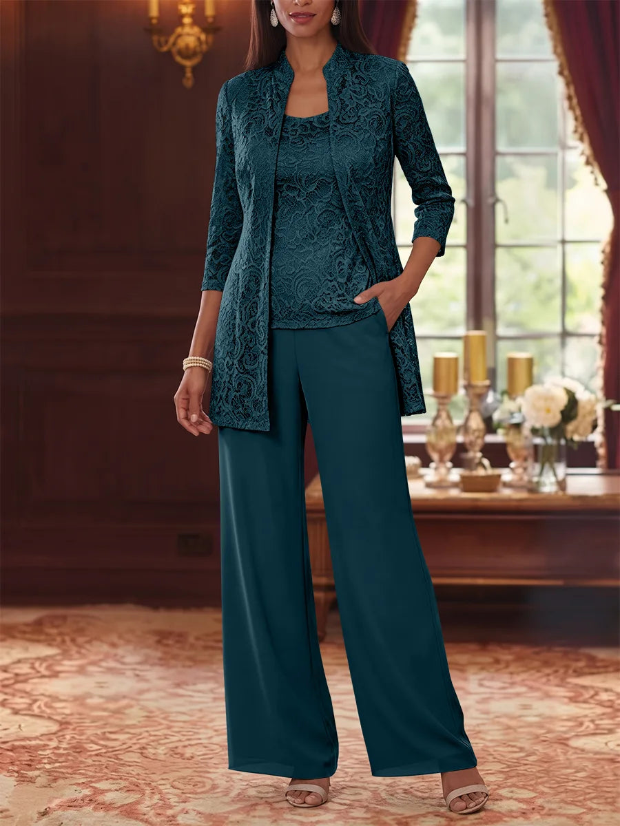 Tailleur 3 Pièces, Col Rond, Mousseline, Costume-Pantalon Mère de la Mariée avec Veste, Manches 3/4, Dentelle, Longueur à la Cheville