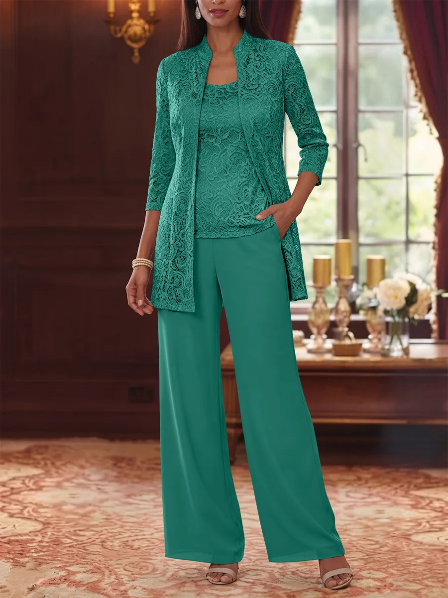 Tailleur 3 Pièces, Col Rond, Mousseline, Costume-Pantalon Mère de la Mariée avec Veste, Manches 3/4, Dentelle, Longueur à la Cheville