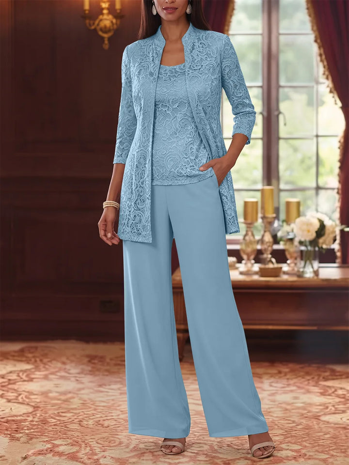 Tailleur 3 Pièces, Col Rond, Mousseline, Costume-Pantalon Mère de la Mariée avec Veste, Manches 3/4, Dentelle, Longueur à la Cheville