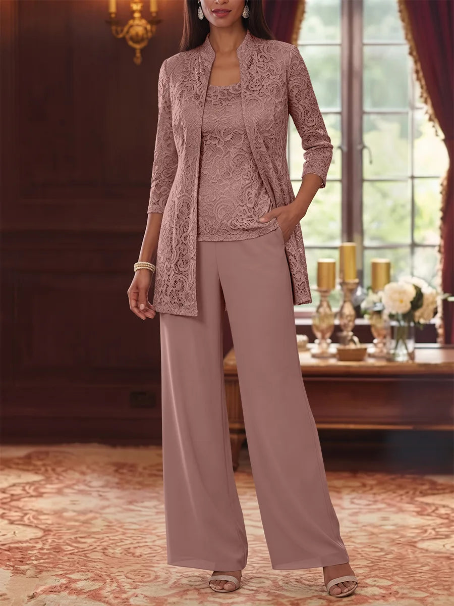 Tailleur 3 Pièces, Col Rond, Mousseline, Costume-Pantalon Mère de la Mariée avec Veste, Manches 3/4, Dentelle, Longueur à la Cheville