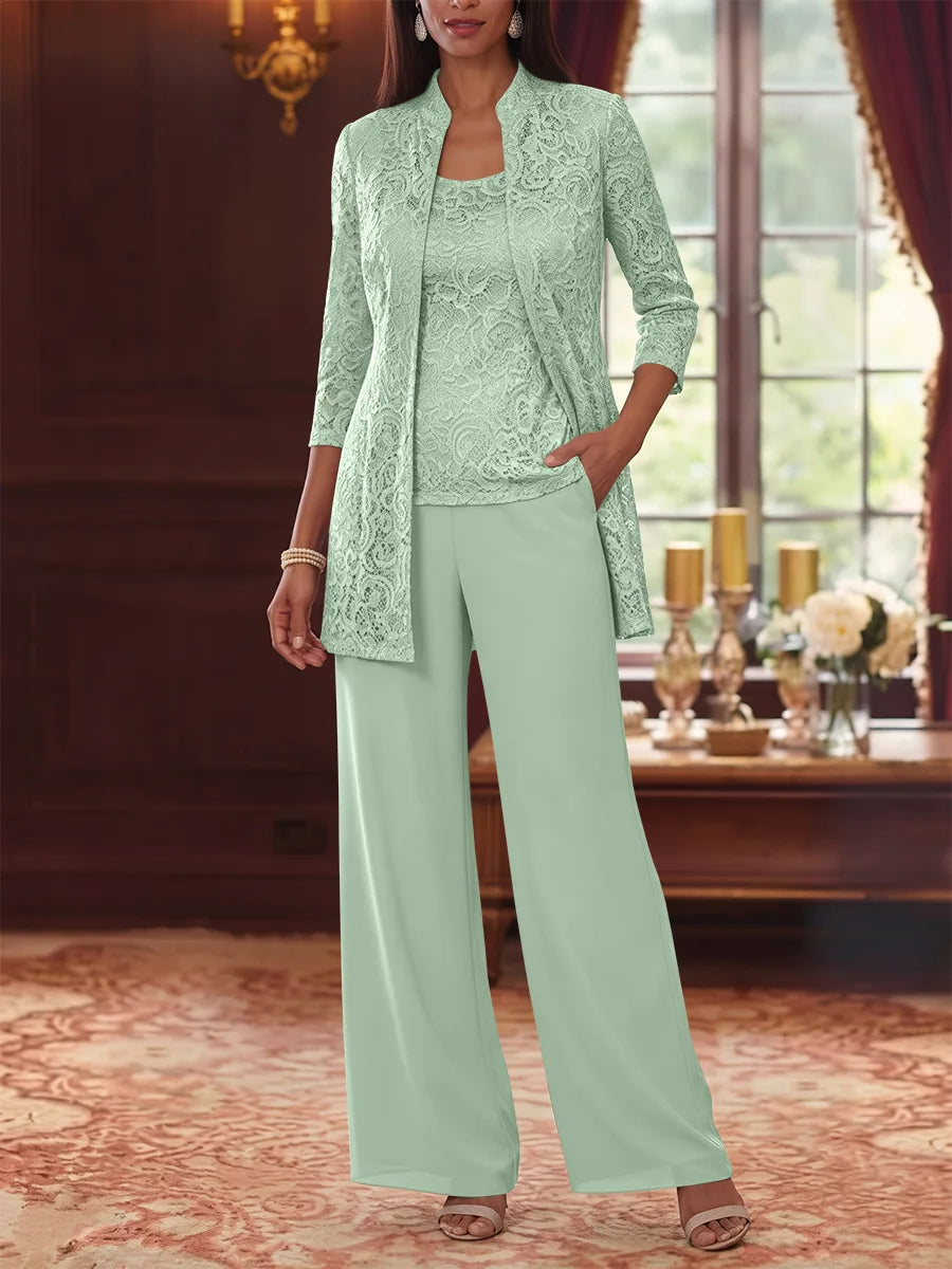 Tailleur 3 Pièces, Col Rond, Mousseline, Costume-Pantalon Mère de la Mariée avec Veste, Manches 3/4, Dentelle, Longueur à la Cheville