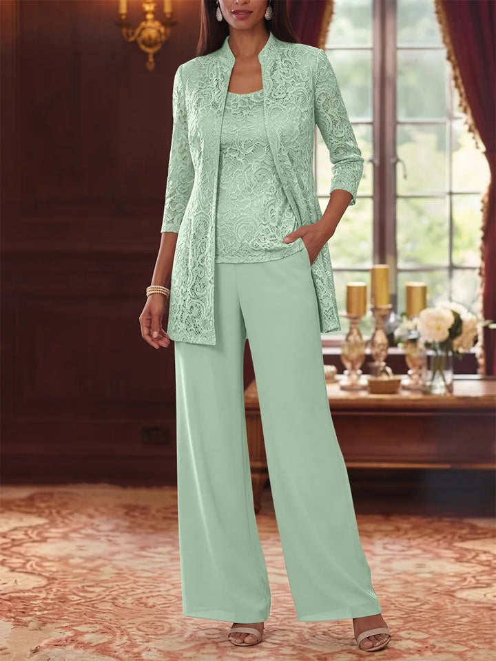 Tailleur 3 Pièces, Col Rond, Mousseline, Costume-Pantalon Mère de la Mariée avec Veste, Manches 3/4, Dentelle, Longueur à la Cheville